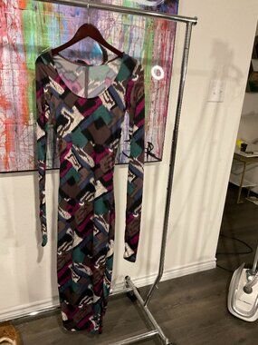 Abi Ferrin Abstract Mesh Long Sleeve Ruched Maxi Dress XS Y2K